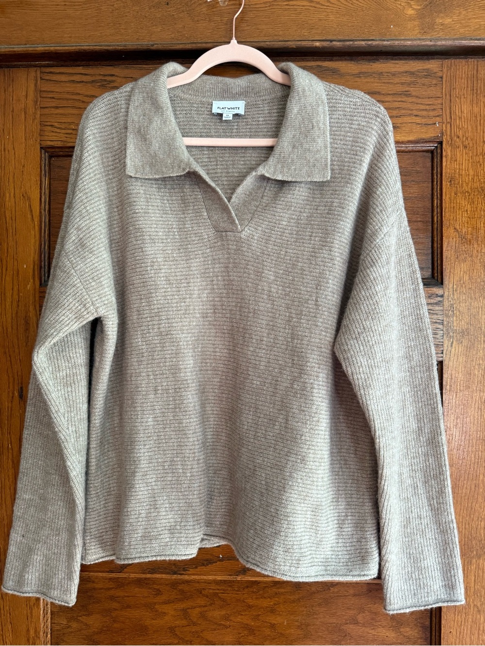 FLAT WHITE Collared Pullover Ribbed Knit Sweater Drop Shoulders Oversized US M